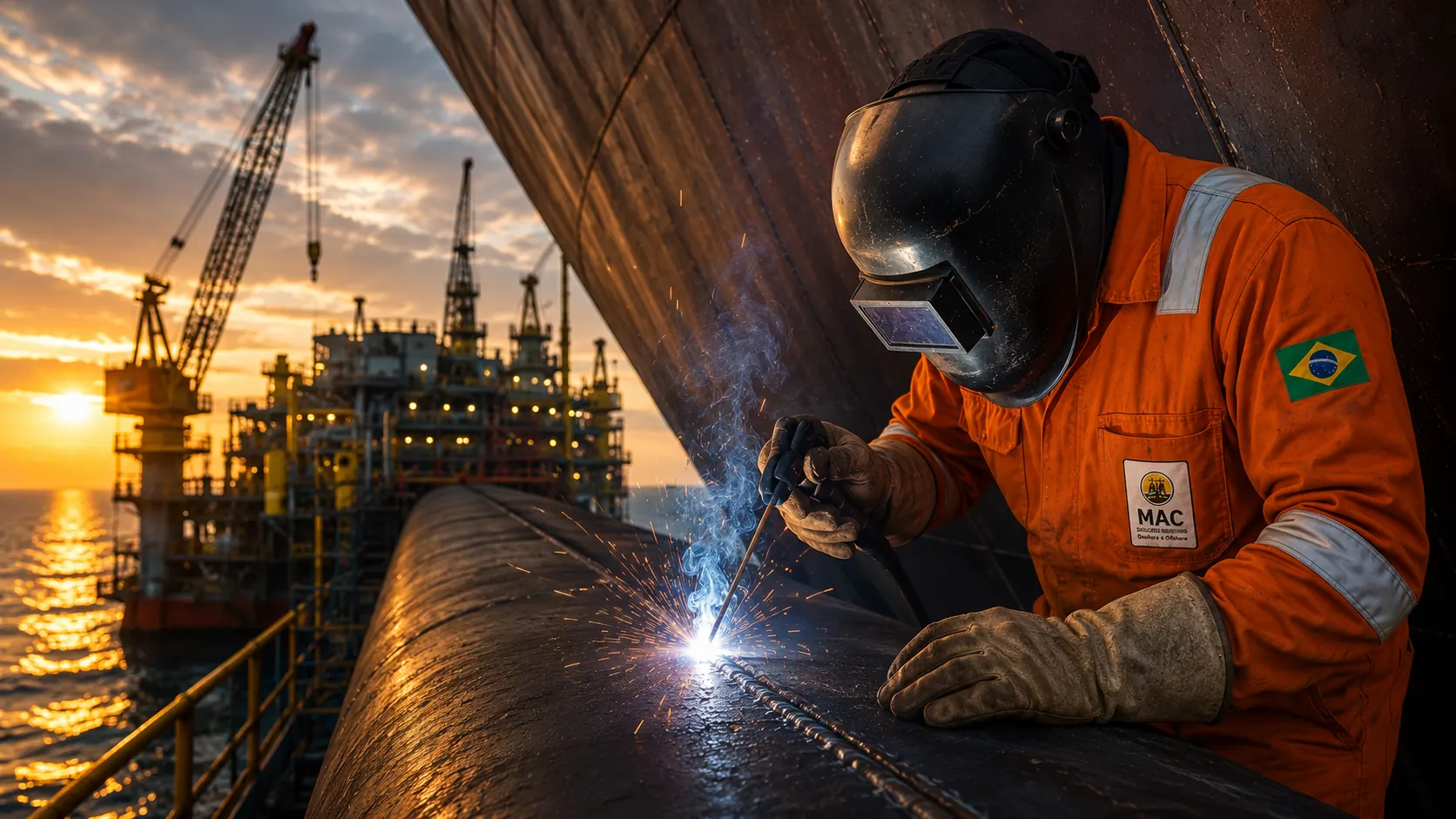 Plataforma offshore de óleo e gás em operação, com equipe da MAC executando serviços industriais no mar